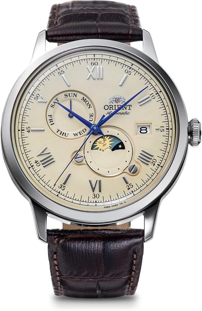 Orient Bambino Sun & Moon automático masculino marfim com pulseira de couro
