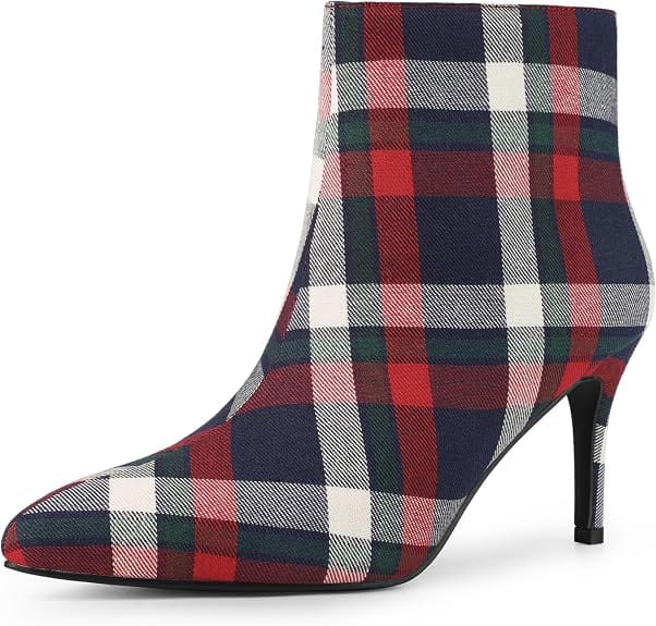 Bota feminina Allegra K xadrez azul-marinho com bico fino e salto agulha