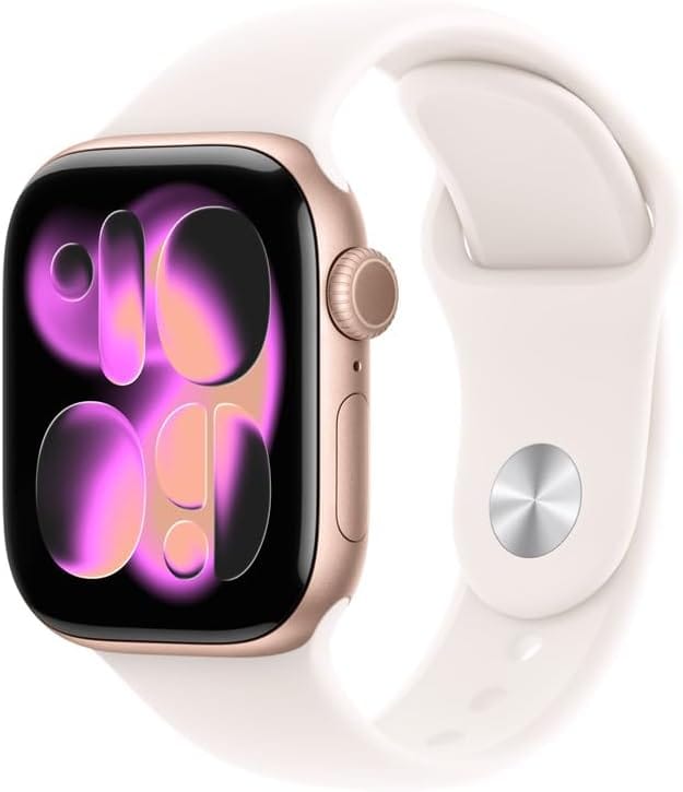 Smartwatch feminino Apple Watch Series 11 GPS 42 mm rosa-dourado com pulseira esportiva rosa