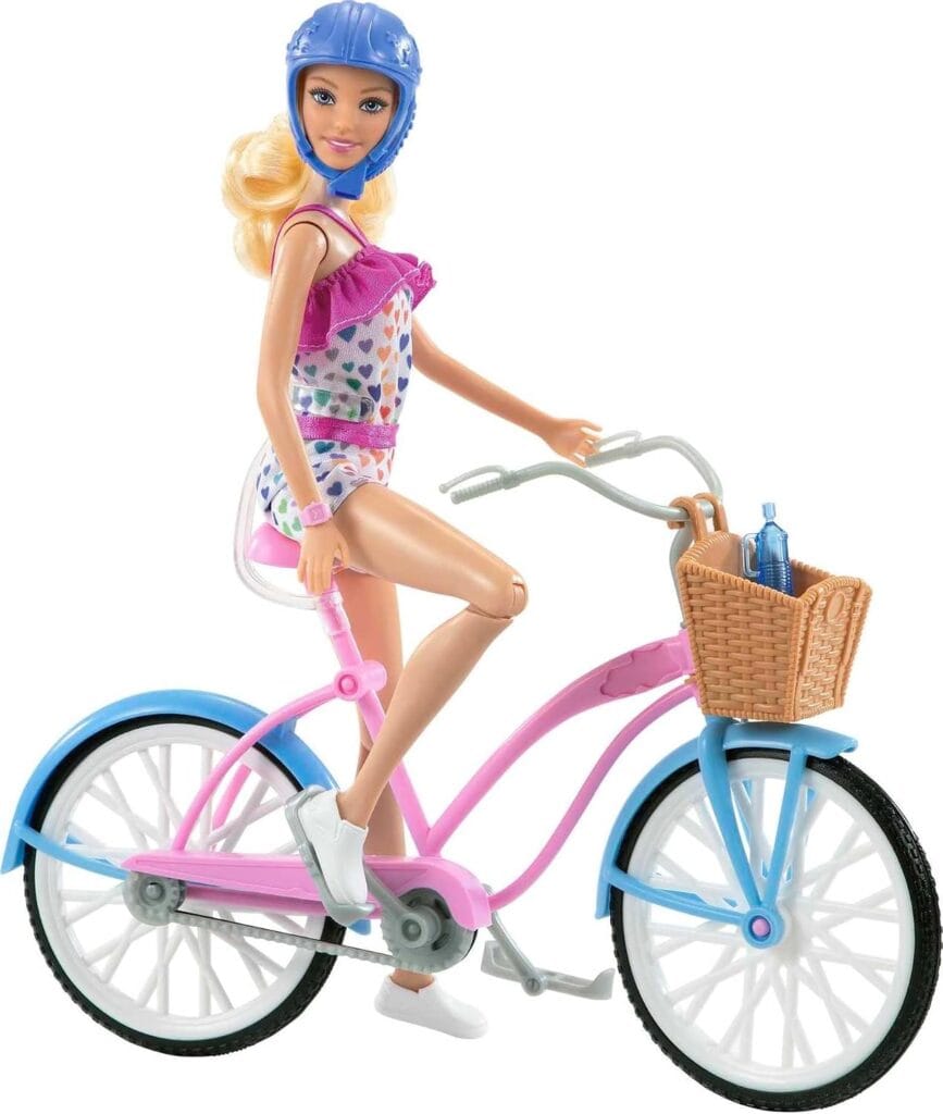 Barbie com Bicicleta HBY28 rosa e azul com capacete e cestinha