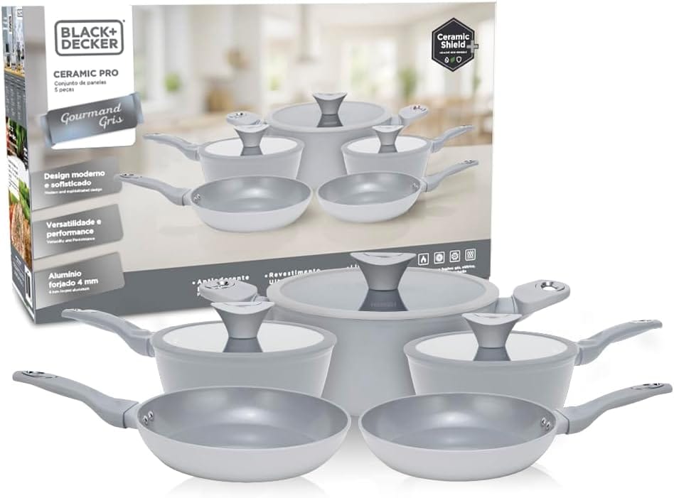 Jogo de panelas Black+Decker Ceramic Pro Gourmand Gris 5 peças com revestimento cerâmico