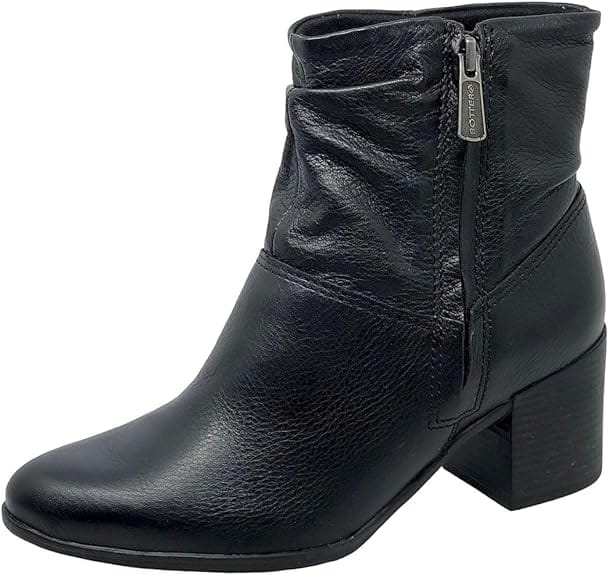 Bota feminina Bottero em couro Burnish preto com salto bloco médio e zíper lateral