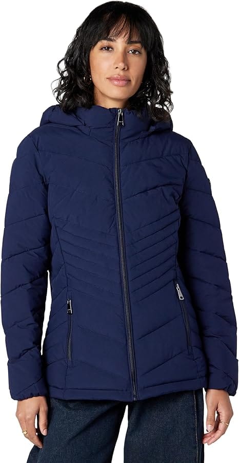 Jaqueta puffer feminina Calvin Klein Lightweight Quilted Hooded Puffer Coat azul-marinho com capuz