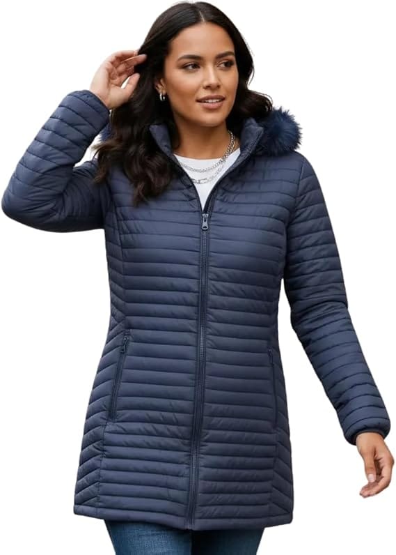 Jaqueta Parka Puffer Feminina Alongada Cereja Brasil azul-marinho com capuz removível