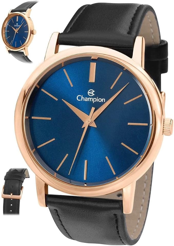 Relógio feminino Champion CN20711A azul com caixa rosé e pulseira preta
