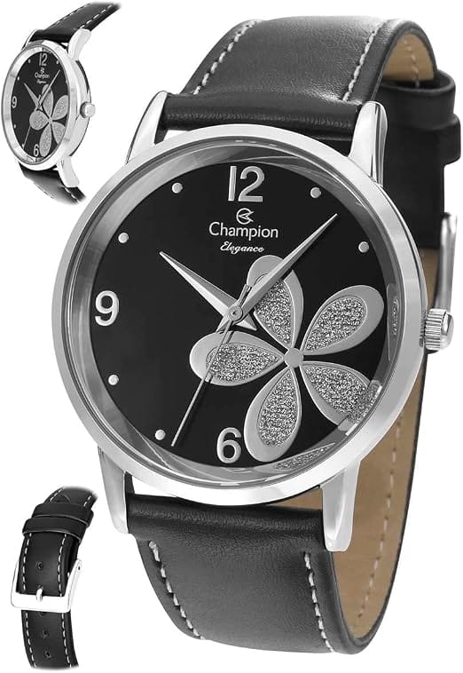 Relógio feminino Champion CN24324T Elegance com pulseira de couro preto