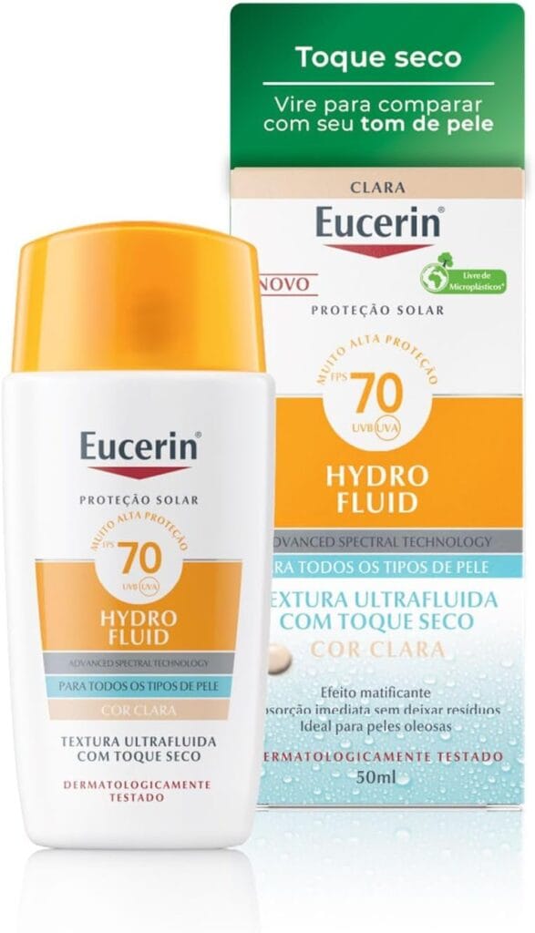 Eucerin Sun Hydro Fluid Facial Cor Clara FPS 70 50 ml com textura ultrafluida e toque seco