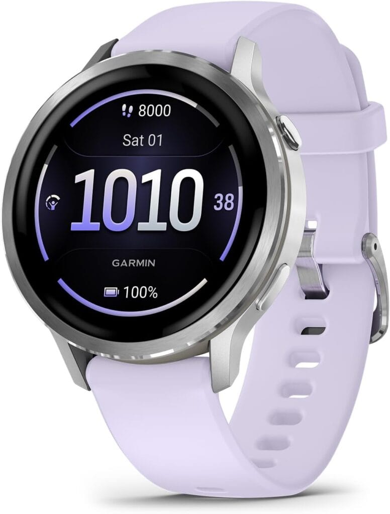 Smartwatch feminino Garmin Venu 4 41 mm prata com pulseira lavanda e tela AMOLED