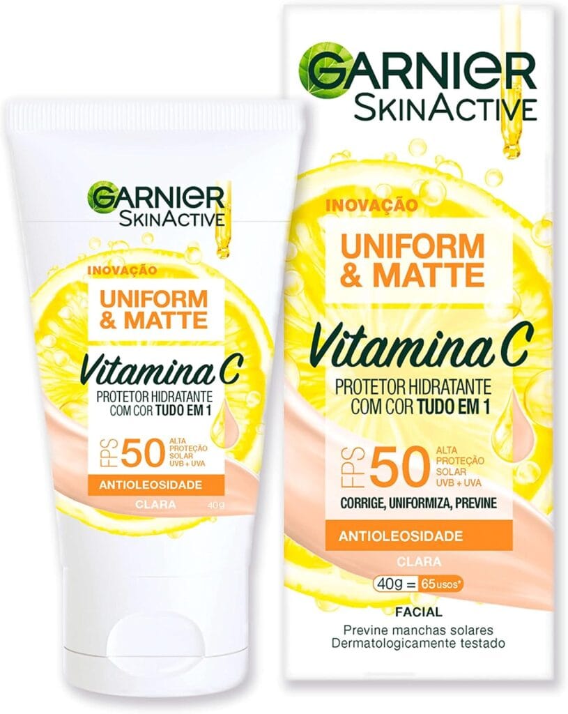 Garnier SkinActive Uniform & Matte Vitamina C FPS 50 protetor solar facial com efeito matte e controle da oleosidade.