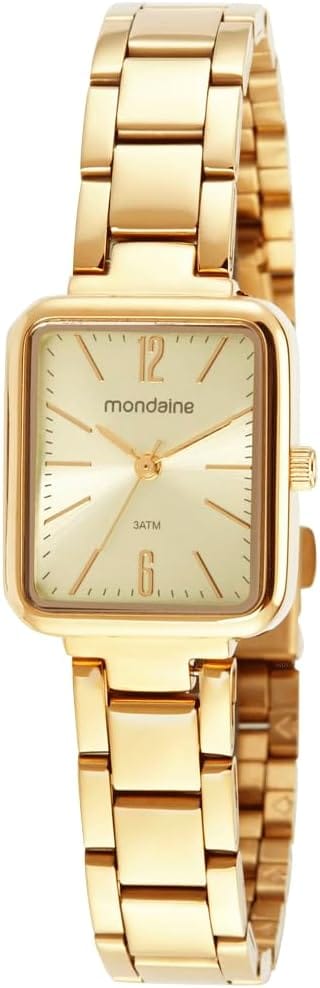 Relógio feminino Mondaine quadrado casual dourado com pulseira de aço inoxidável
