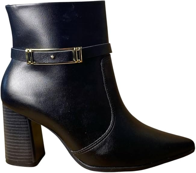 Bota feminina Ramarim 58101 preta de cano curto com salto grosso e detalhe de fivela