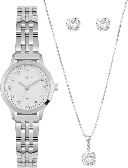 Relógio Feminino Condor Mini Prata CO2035NOZ/K4B com colar e brincos