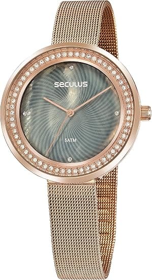 Relógio feminino Seculus 77059LPSVDS3 rose gold com cristais e pulseira de aço