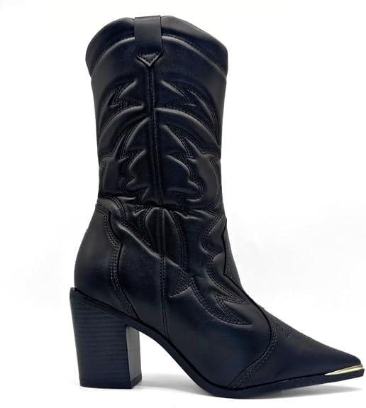 Bota feminina Vizzano Country Texana cano médio preta com salto grosso